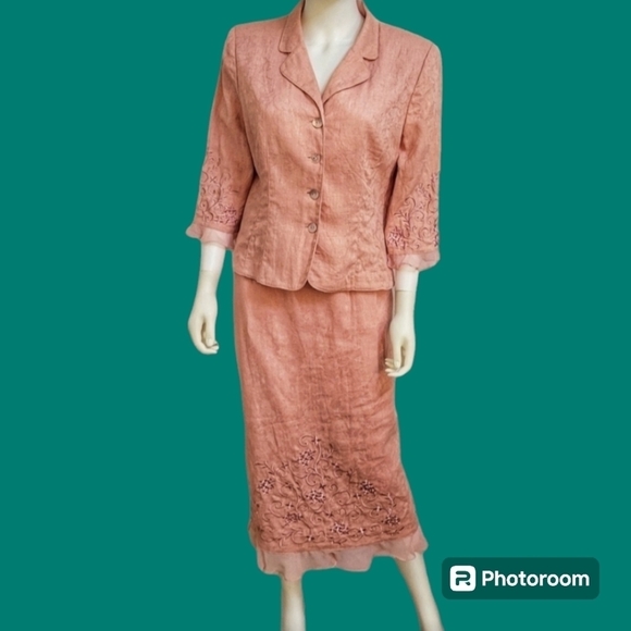 Sag HARBOR Pink Floral Embroidered Ruffle Linen Land Girl Midi Skirt Set - Picture 1 of 12